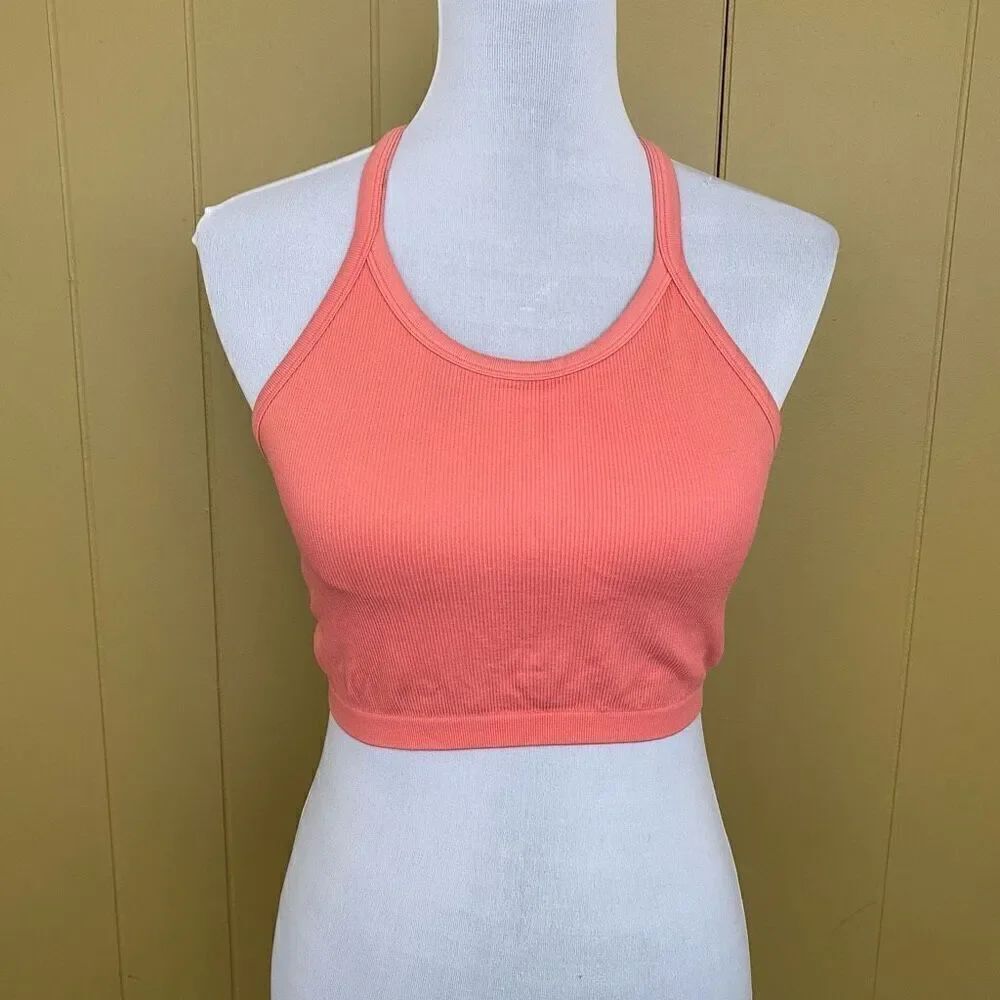 Women S ribbed racerback sports bra w/removable pads coral color